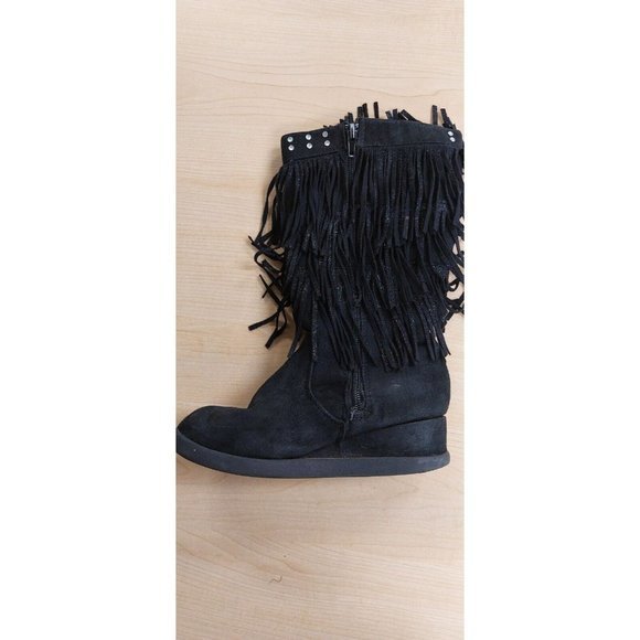 JUSTICE GIRLS BLACK FAUX SUEDE FRINGE RHINESTONE ZIP BOOTS SIZE 2 - Picture 5 of 7